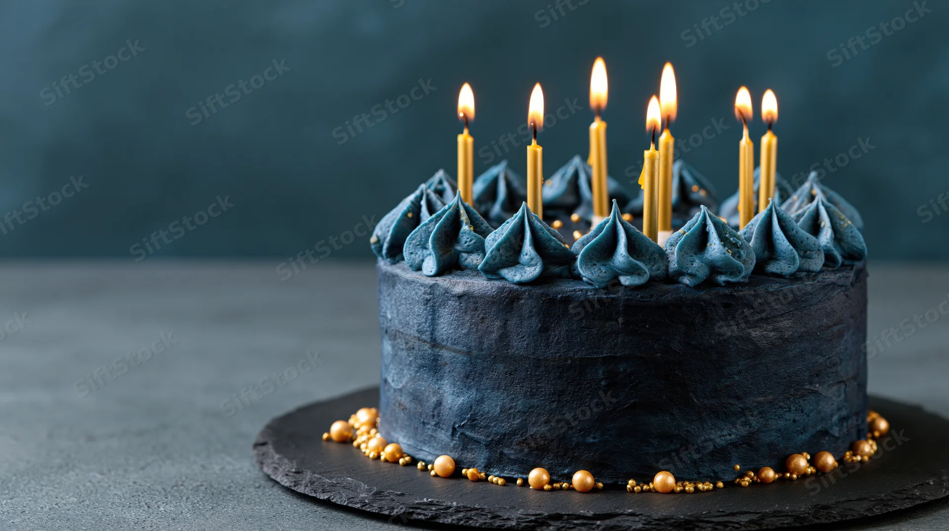 Dark navy birthday cake with lit gold taper candles on slate plate
