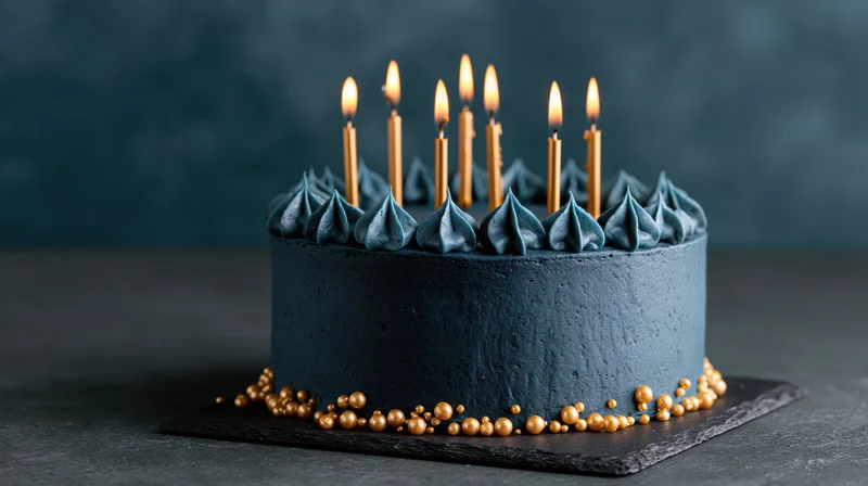 Navy birthday cake with lit gold taper candles on a dark surface