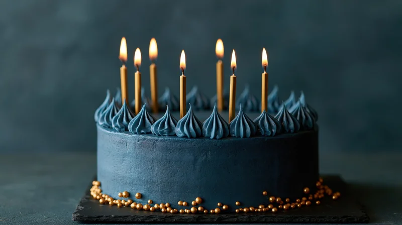 Navy blue birthday cake with six lit gold taper candles on a slate base