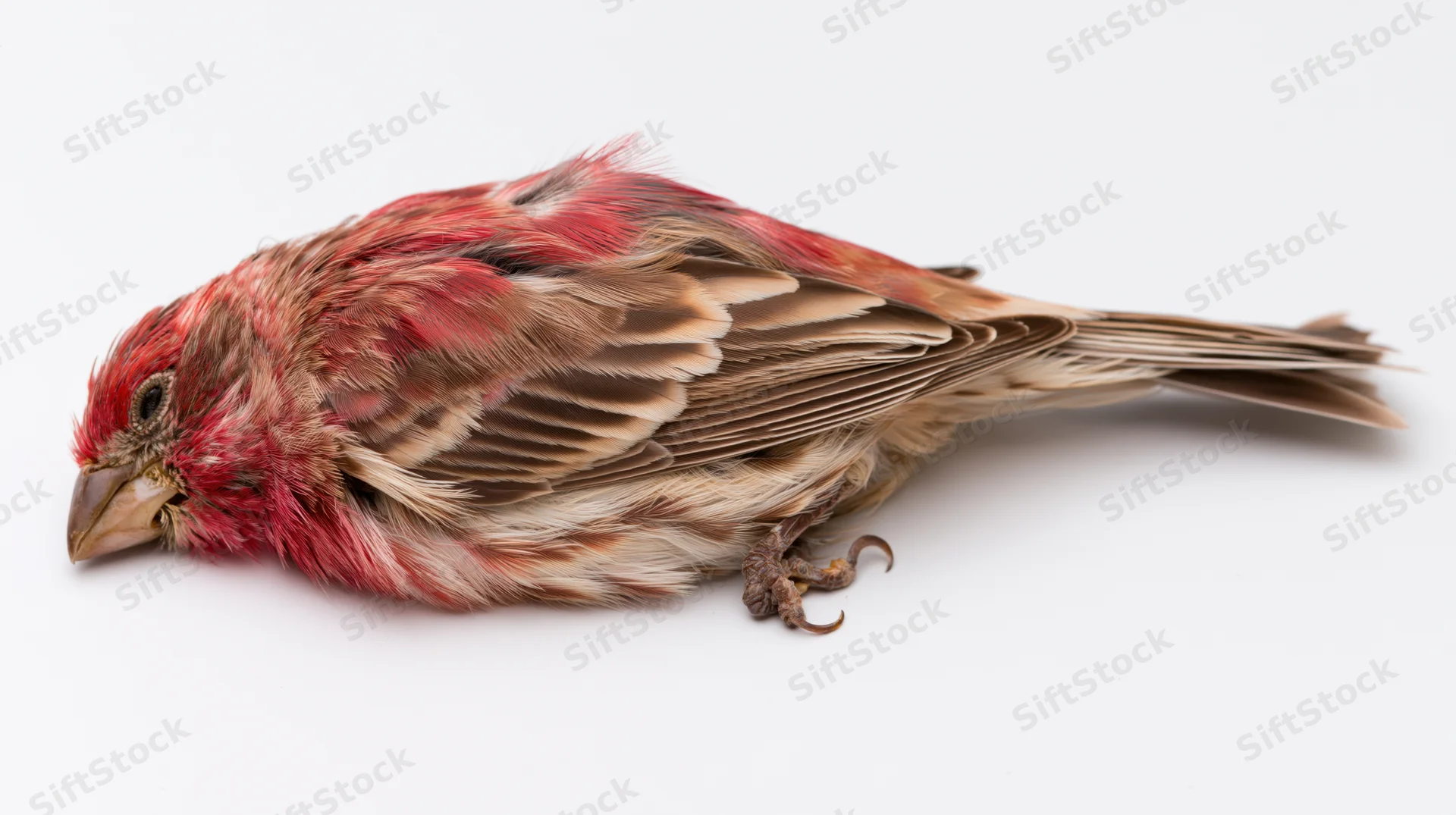 Dead male house finch lying on its side with wings folded on white background