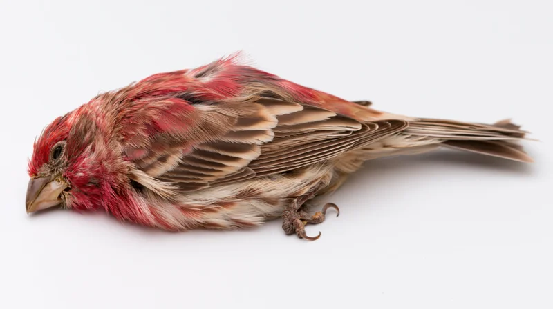 Dead male house finch lying on its side with wings folded on white background