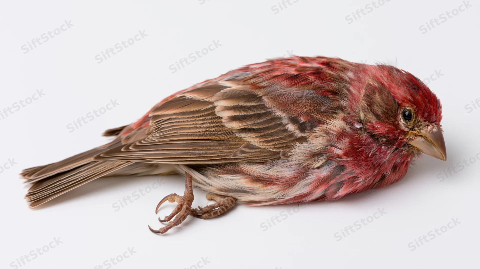 Dead male house finch lying on its side with wings folded on white background