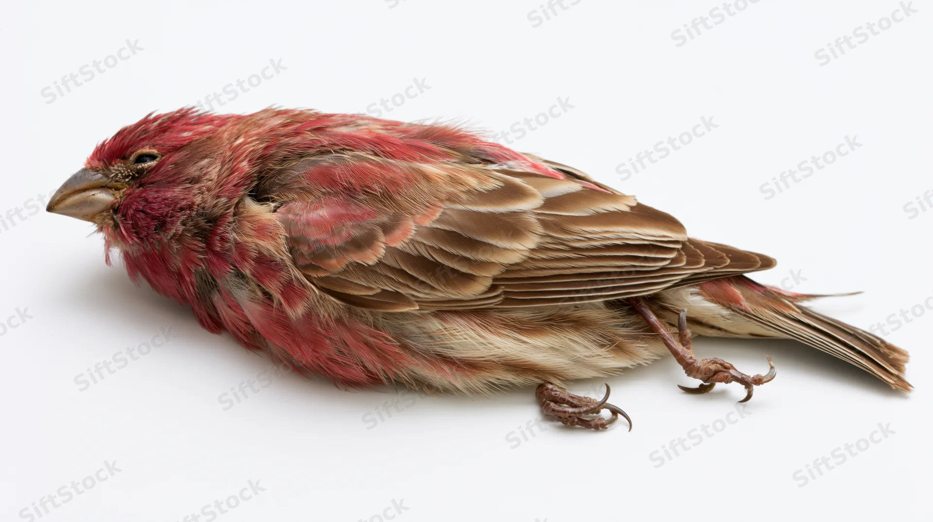 Dead male house finch lying on its side with wings folded on white background