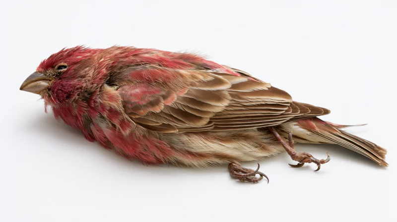Dead male house finch lying on its side with wings folded on white background