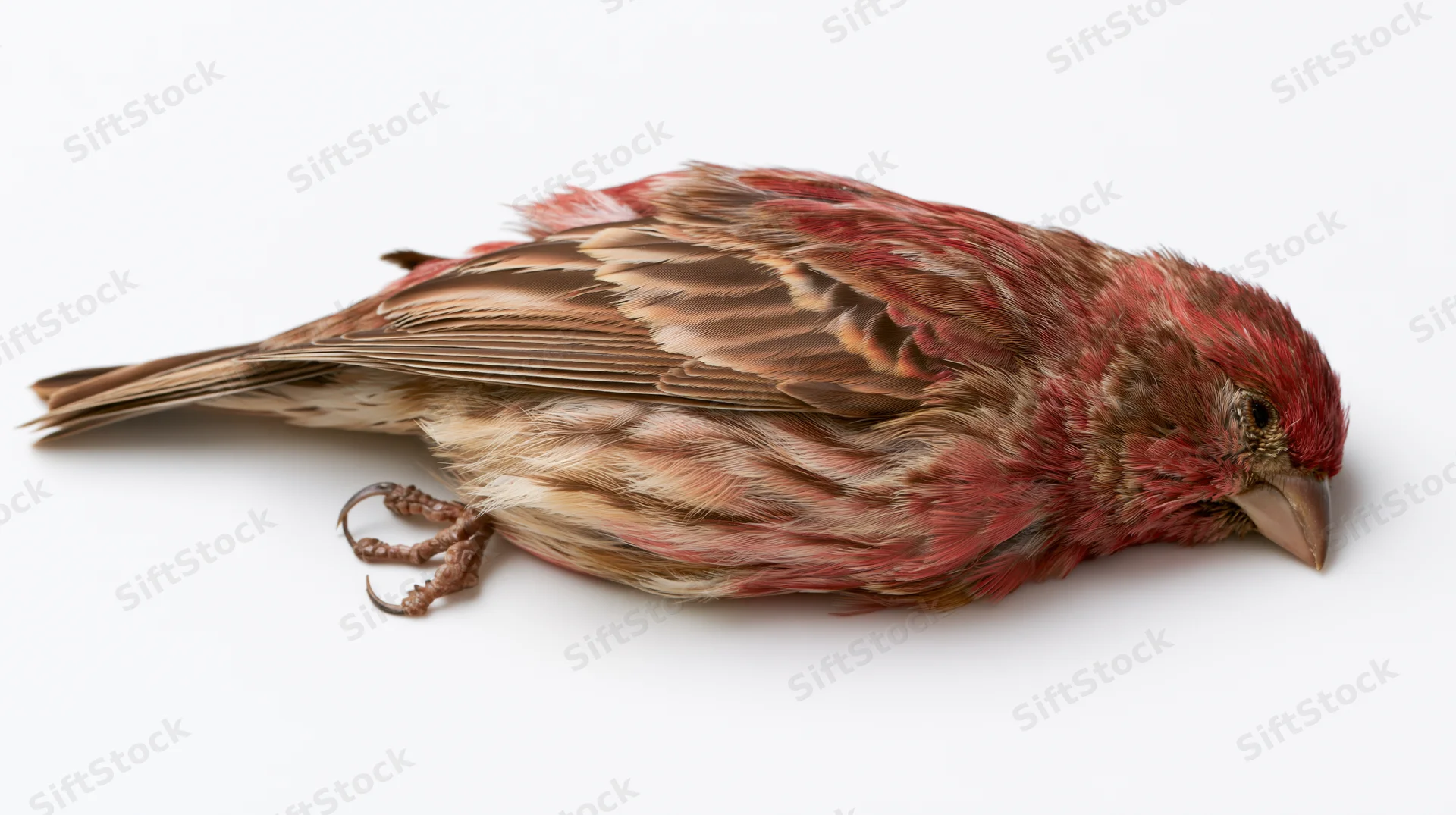 Dead male house finch lying on its side with wings folded on white background
