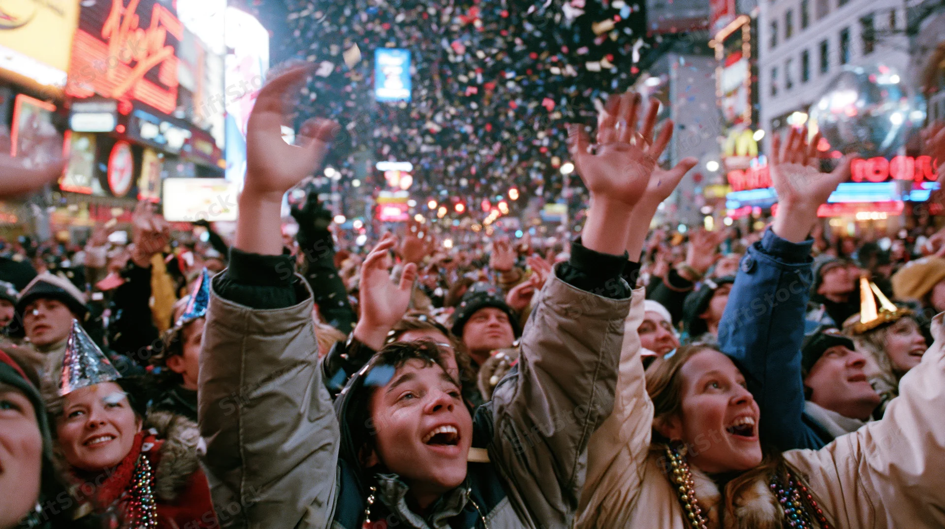 Dense crowd celebrating new year's eve in times square with confetti and raised hands
