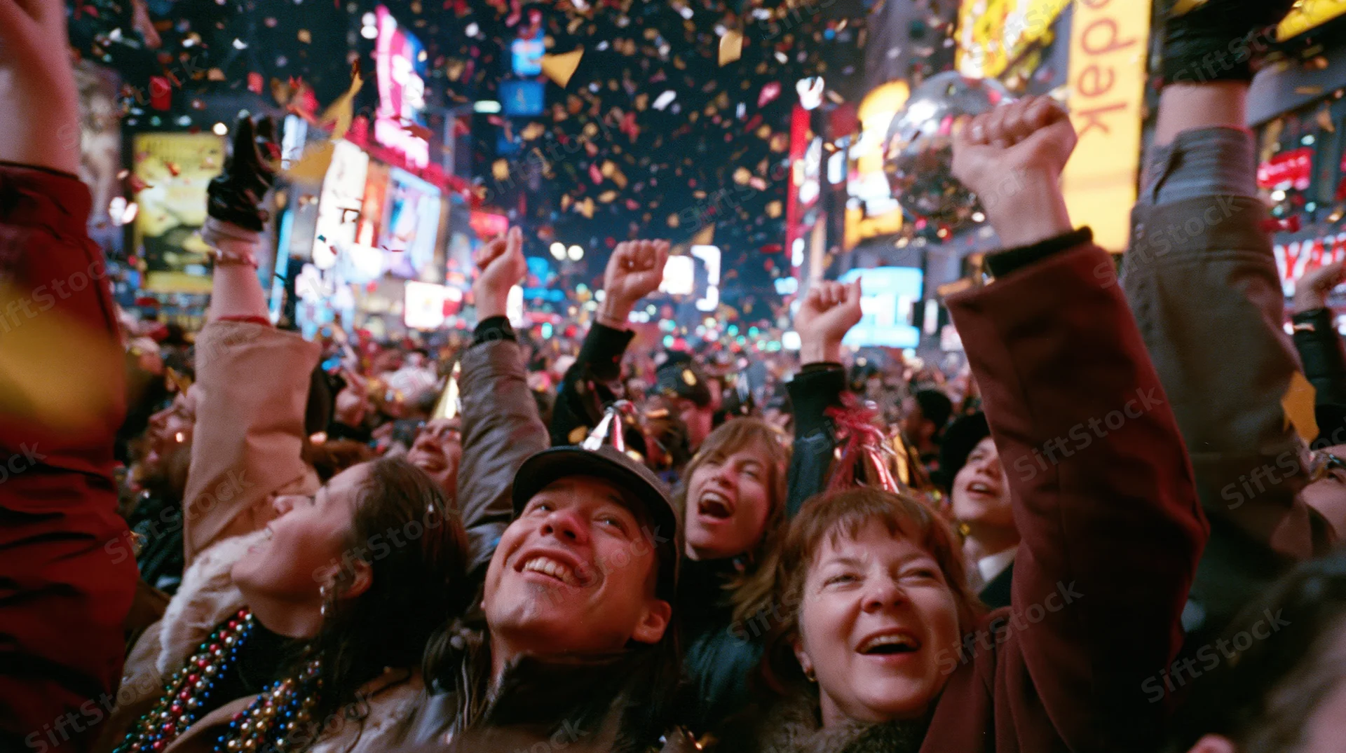 Crowd celebrating new year's eve in times square with confetti and raised hands