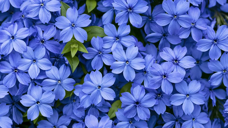 Dense cluster of small five-petal blue flowers with green leaves filling the frame