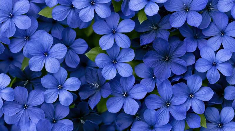 Dense cluster of small five-petal blue flowers filling the frame with green leaves visible between blooms