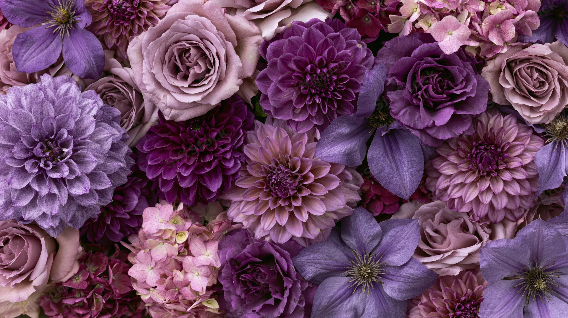 Dense flat-lay arrangement of mixed purple and pink flowers including roses, dahlias, and clematis