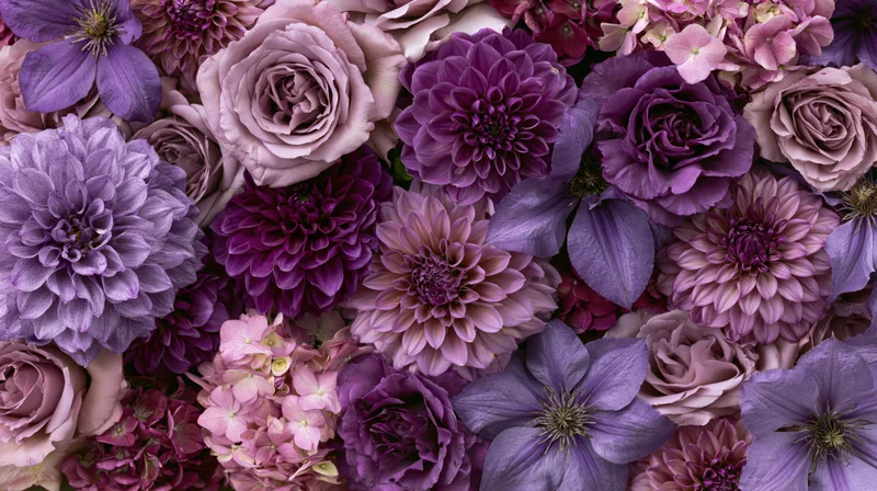 Dense flat-lay arrangement of mixed purple and pink flowers including roses, dahlias, and clematis
