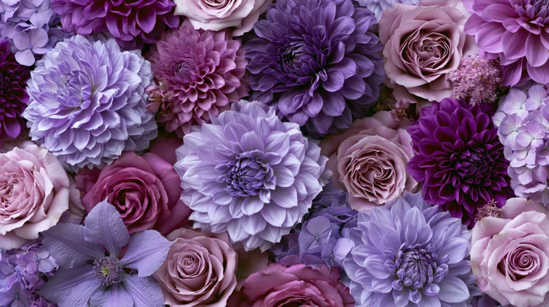 Dense flat-lay of purple and pink roses, dahlias, and hyacinths arranged closely together