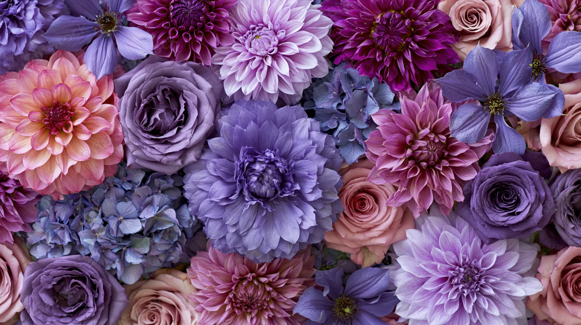 Dense flat-lay arrangement of roses, dahlias, and hydrangeas in shades of purple and pink