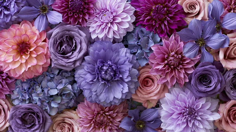 Dense flat-lay arrangement of roses, dahlias, and hydrangeas in shades of purple and pink