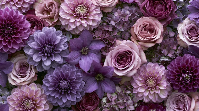 Dense flat-lay arrangement of roses, dahlias and hydrangeas in shades of purple and pink
