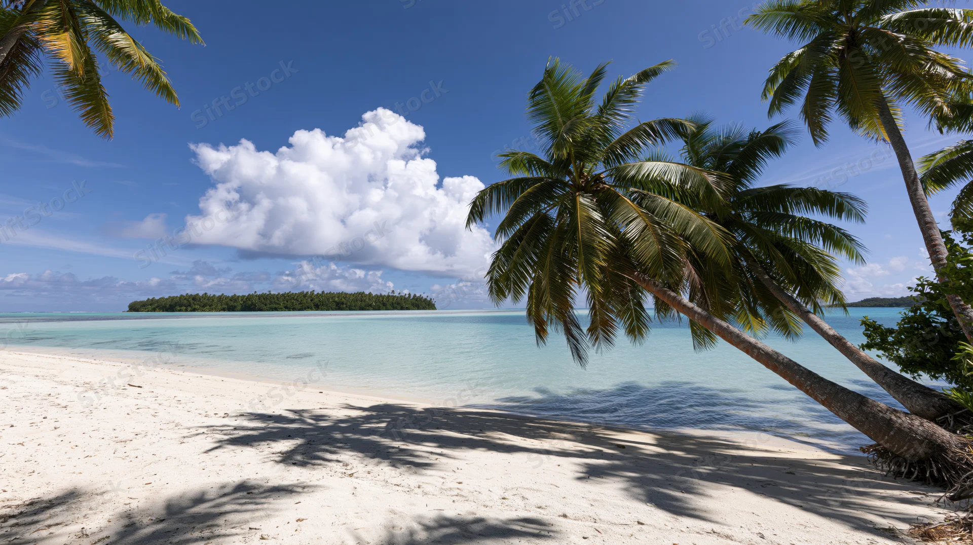 Tropical beach with leaning coconut palms and turquoise water under blue sky