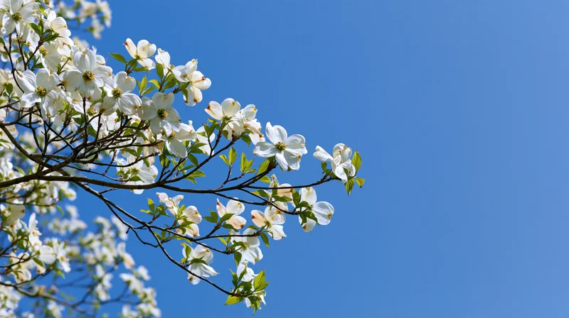 Dogwood tree branch with white blossoms and green leaves against a clear blue sky
