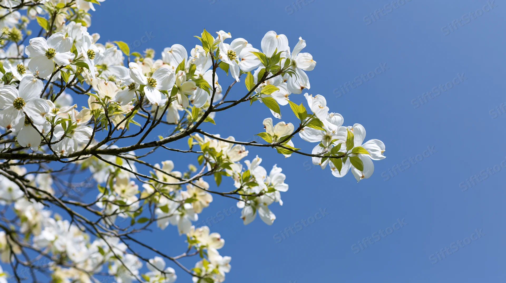 Dogwood tree branches with white blossoms and green leaves against a clear blue sky