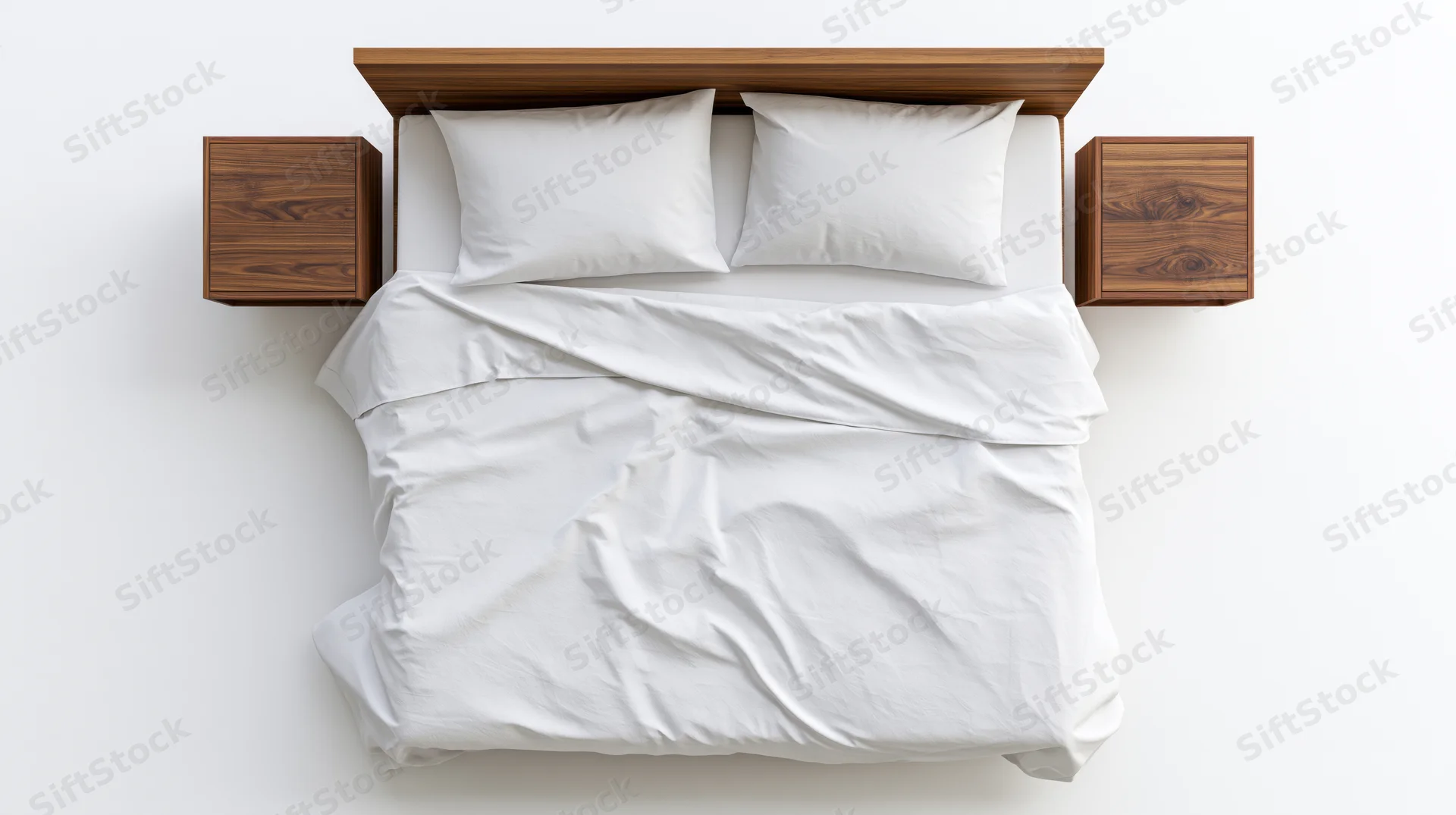 Overhead view of a double bed with white cotton bedding and two pillows, flanked by wooden nightstands against a white background