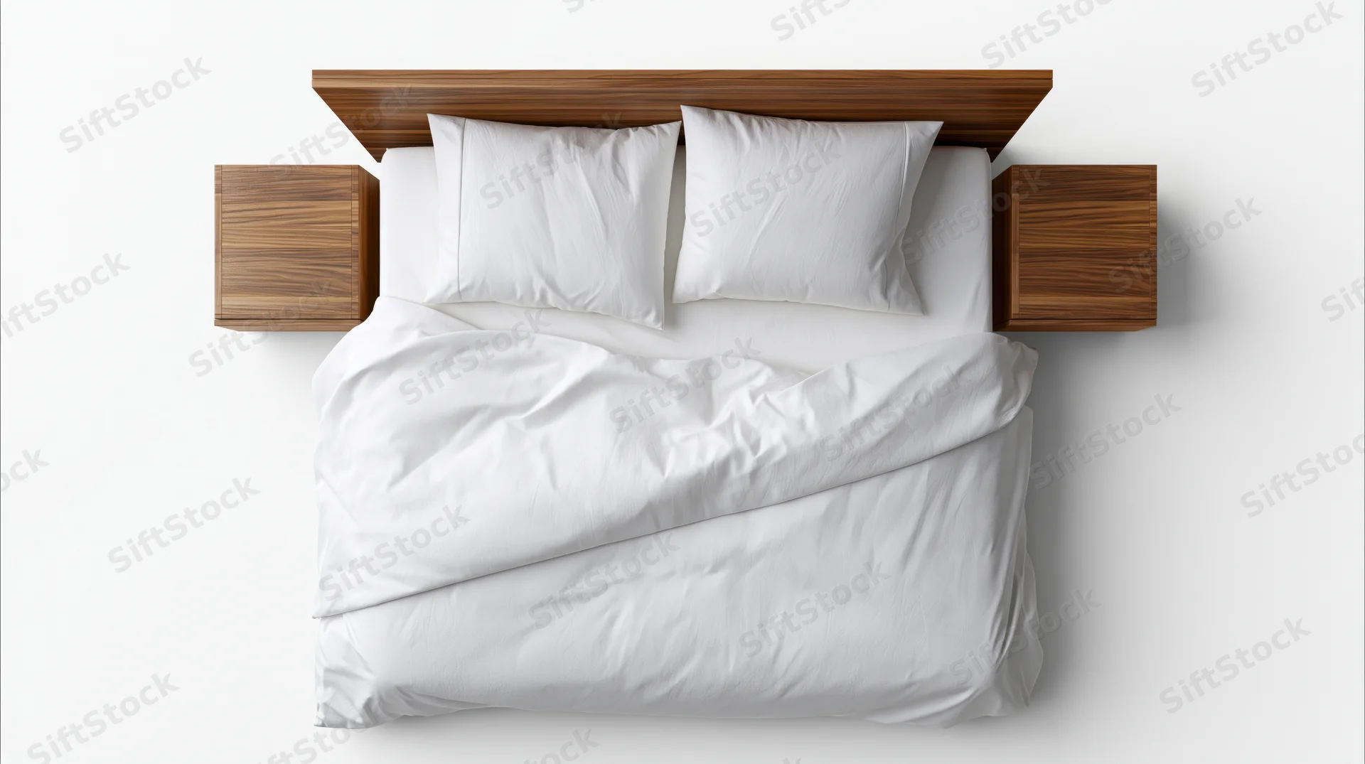 Top-down view of a double bed with white cotton bedding and two pillows against a white background