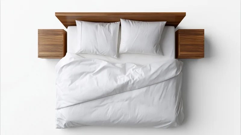 Top-down view of a double bed with white cotton bedding and two pillows against a white background