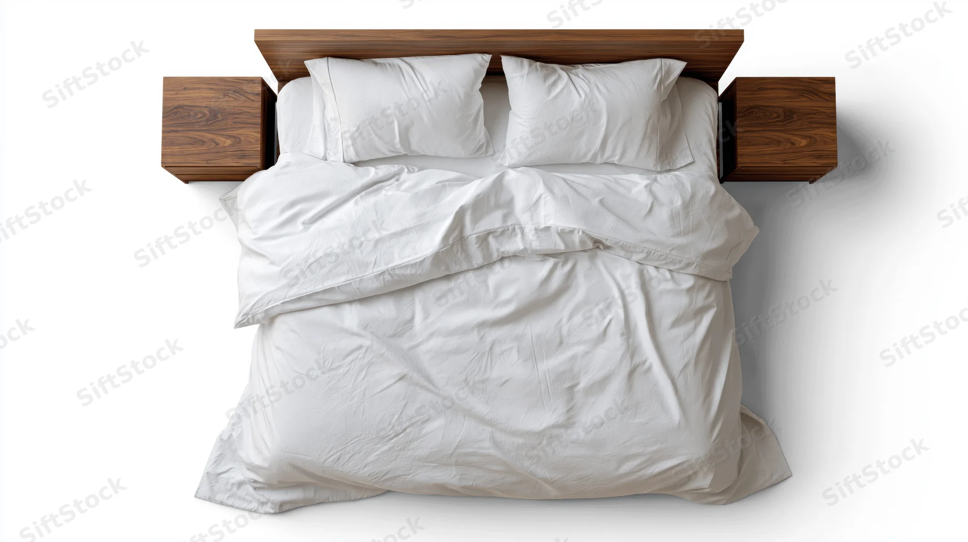 Overhead view of a double bed with white cotton bedding and two pillows on a wooden frame with matching nightstands against a white background
