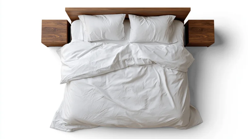 Overhead view of a double bed with white cotton bedding and two pillows on a wooden frame with matching nightstands against a white background