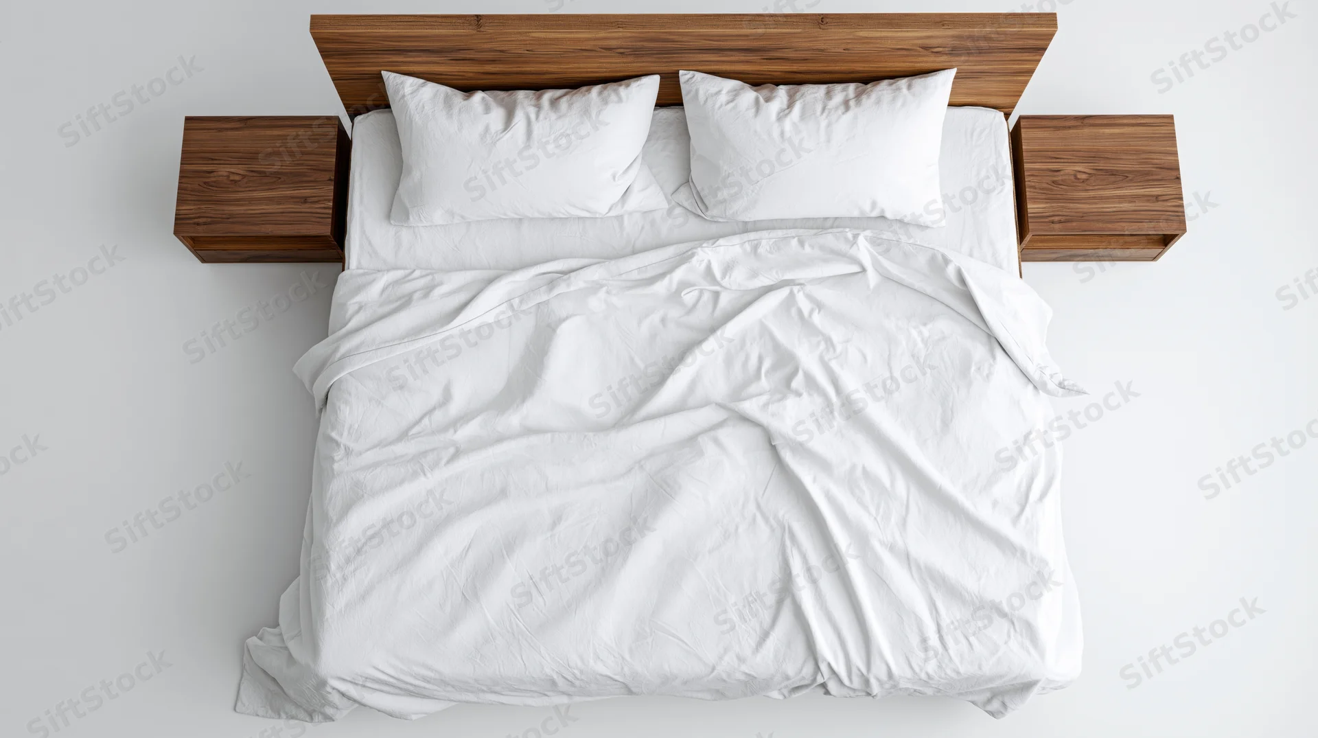 Overhead view of unmade double bed with white cotton bedding and wooden headboard in minimalist bedroom
