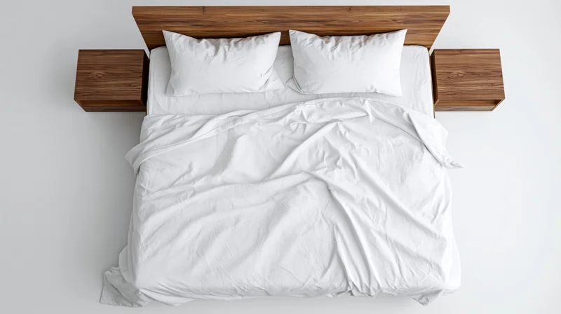 Overhead view of unmade double bed with white cotton bedding and wooden headboard in minimalist bedroom