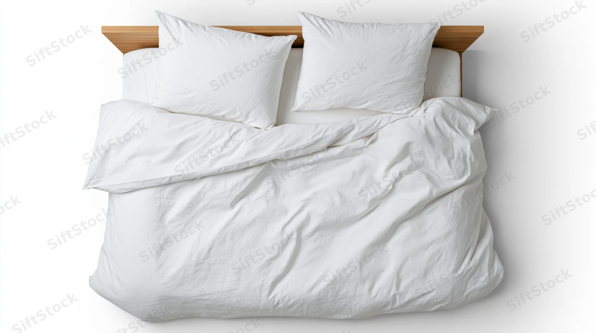 Double bed with white cotton duvet and two pillows, viewed from above, on plain white background