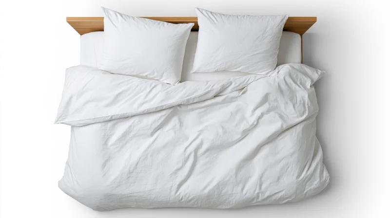 Double bed with white cotton duvet and two pillows, viewed from above, on plain white background