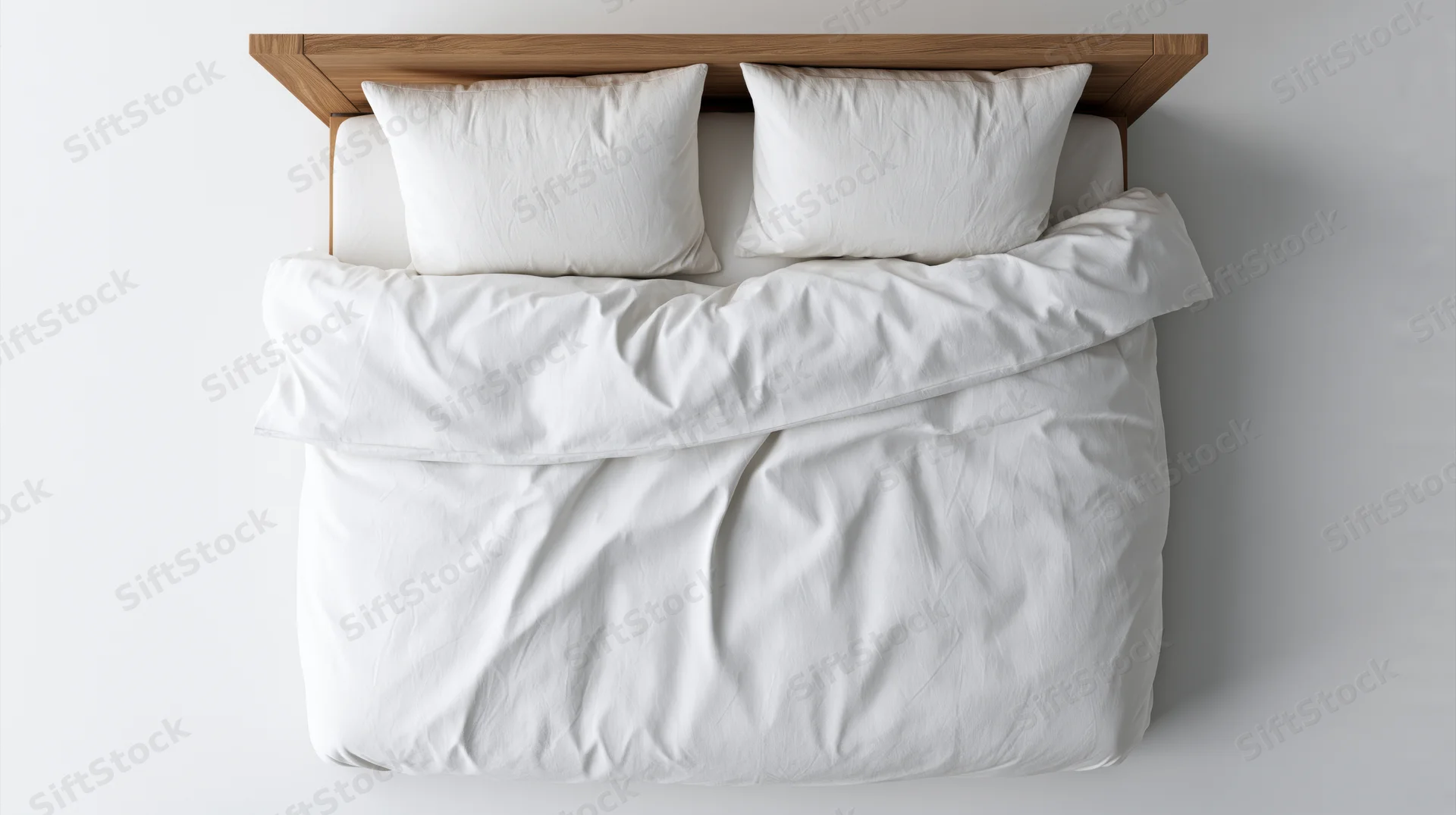 Overhead view of a double bed with white cotton duvet and two pillows against a plain wall