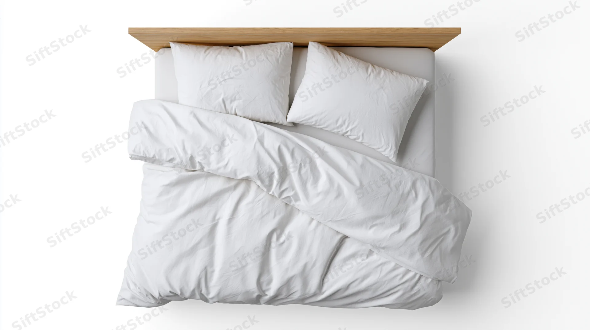 Double bed with white cotton duvet and two pillows viewed from above on white background
