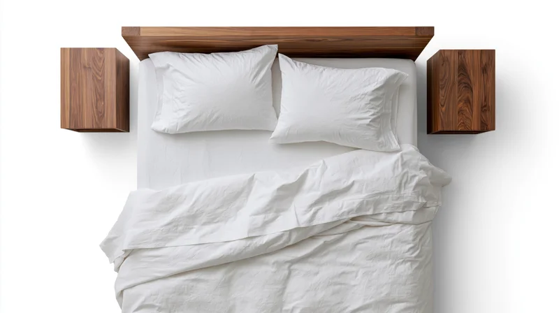 Overhead view of a double bed with white cotton sheets and two pillows, flanked by wooden nightstands against a white background