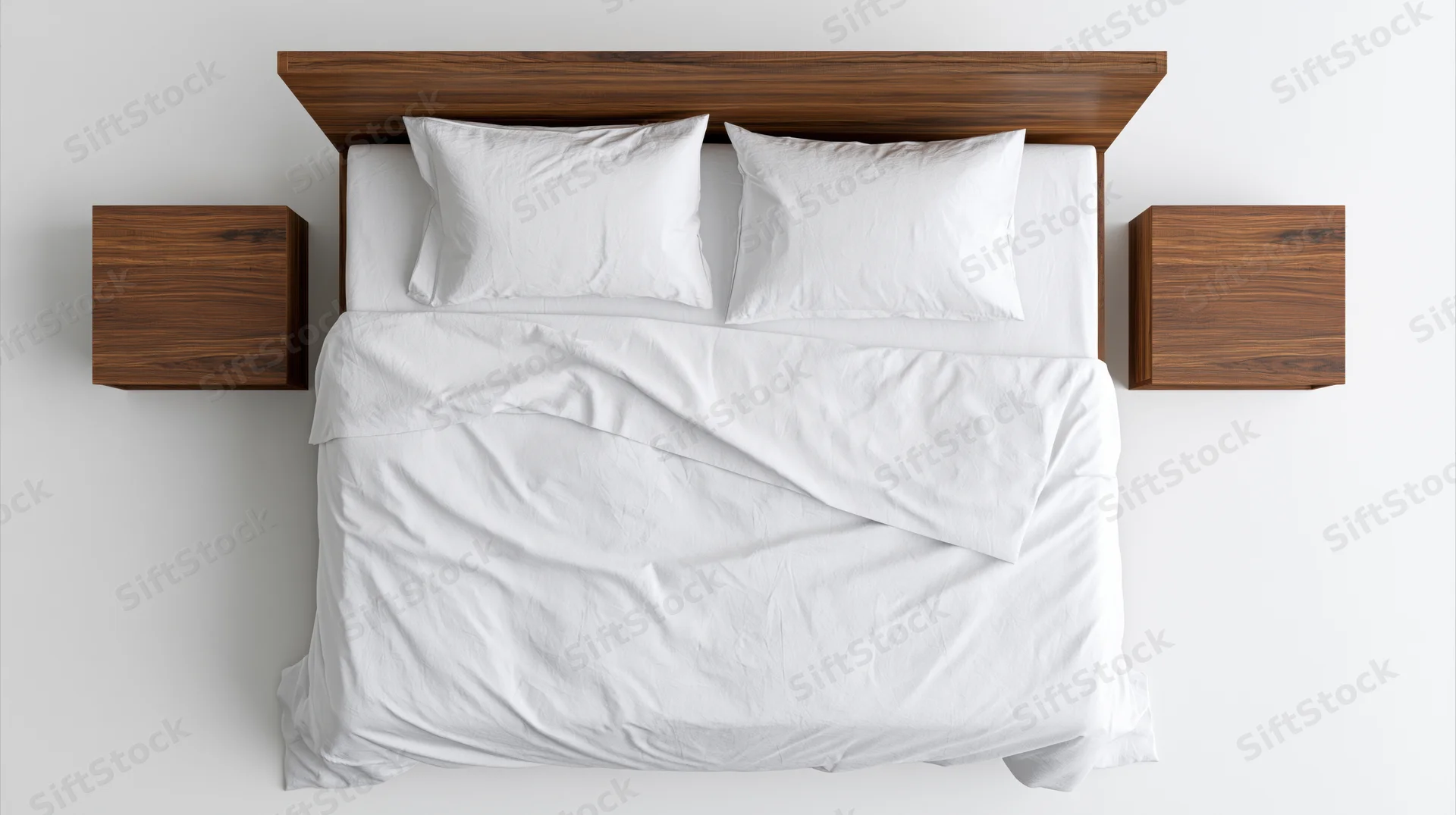 Double bed with white cotton sheets and two pillows viewed from above in a minimalist bedroom setting