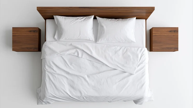 Double bed with white cotton sheets and two pillows viewed from above in a minimalist bedroom setting