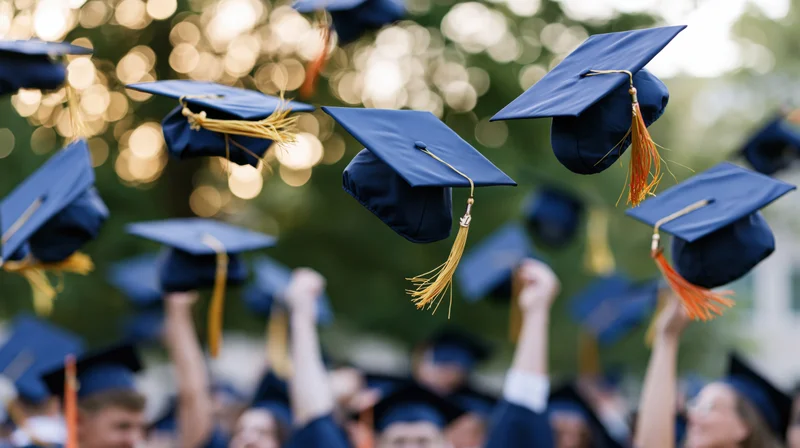 Graduation caps being thrown into the air at a ceremony outdoors