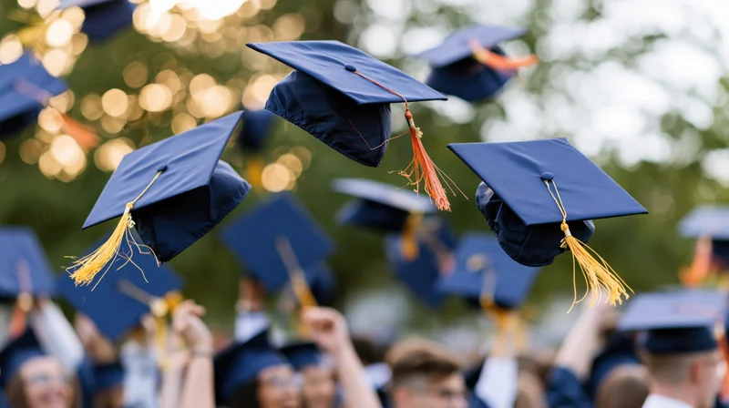 Navy graduation caps with gold tassels flying in the air during a celebration outdoors