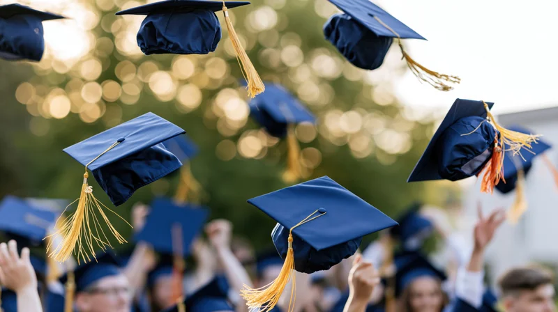 Navy blue graduation caps with gold tassels flying in the air during a celebration outdoors