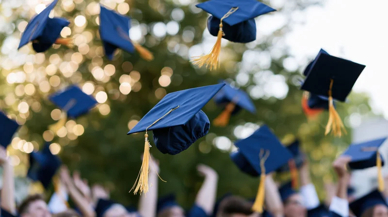 Navy blue graduation caps with gold tassels being thrown into the air at an outdoor ceremony