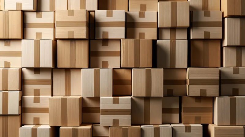 Dozens of sealed cardboard boxes stacked tightly together in a warehouse storage arrangement