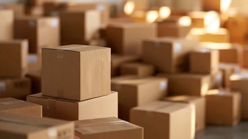 Stacked cardboard shipping boxes in a warehouse storage area
