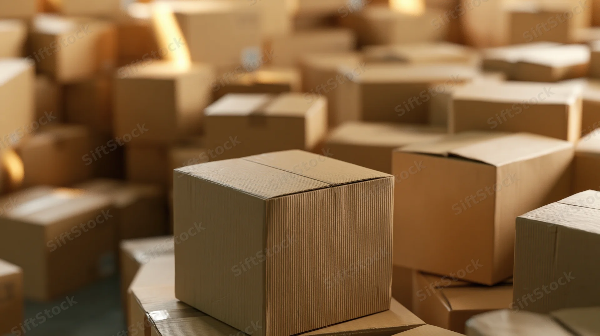 Sealed cardboard shipping boxes stacked and scattered in a warehouse