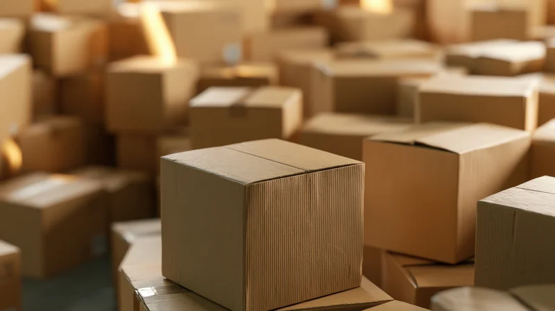 Sealed cardboard shipping boxes stacked and scattered in a warehouse