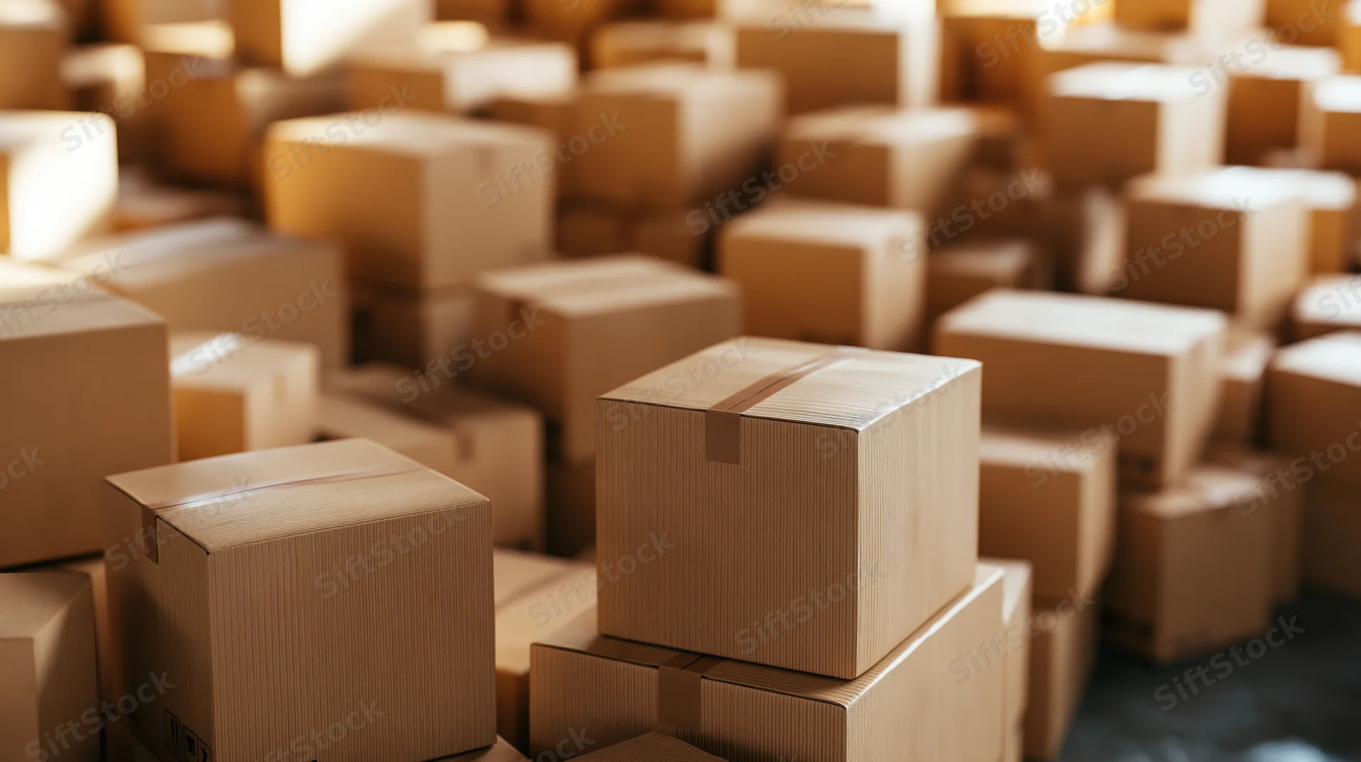Stacks of sealed cardboard shipping boxes in a warehouse storage area