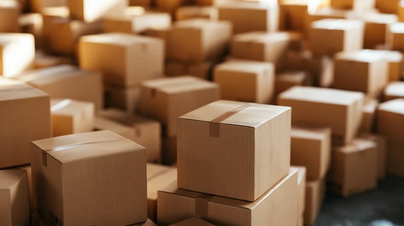 Stacks of sealed cardboard shipping boxes in a warehouse storage area