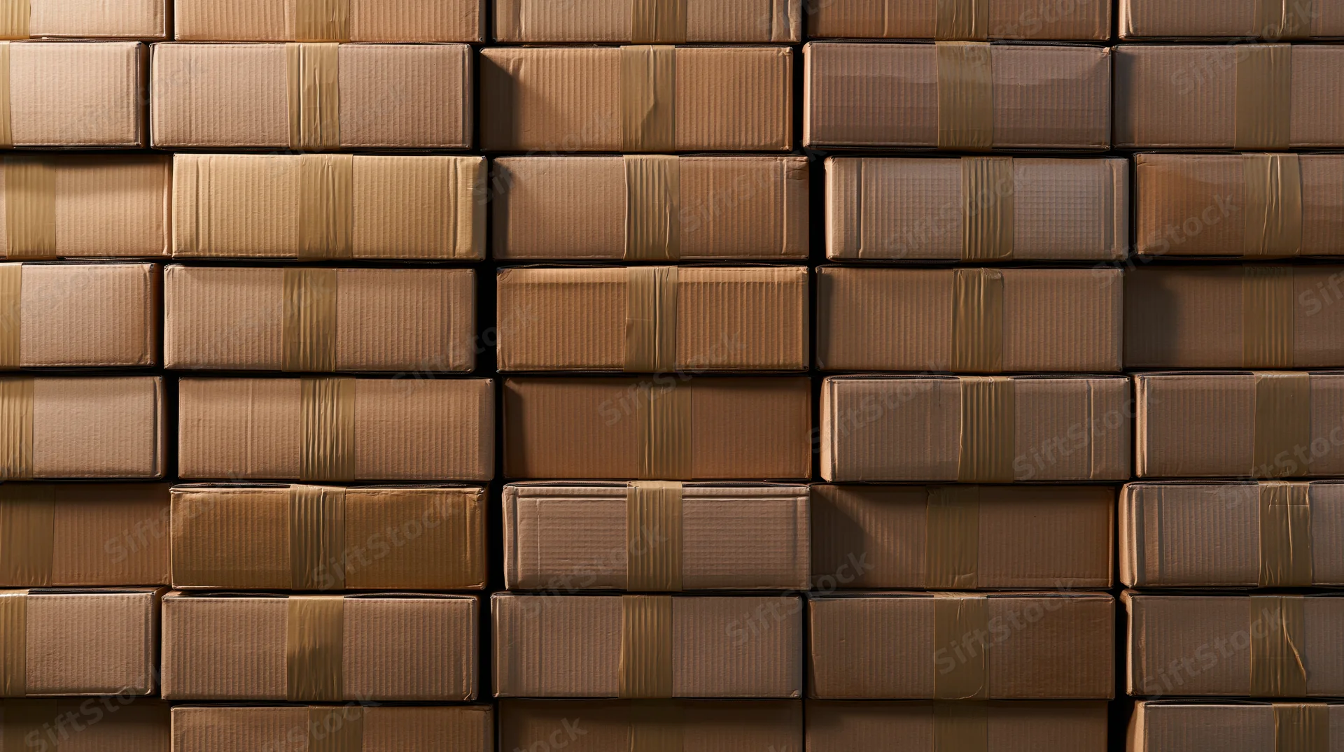 Tightly stacked cardboard shipping boxes in a warehouse storage area