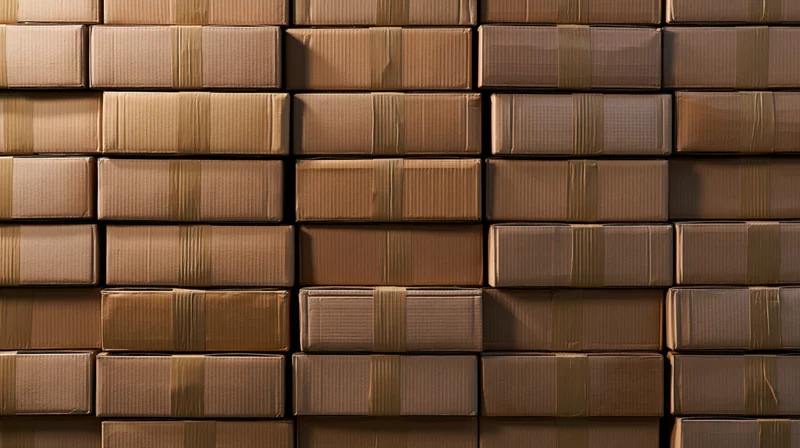 Tightly stacked cardboard shipping boxes in a warehouse storage area