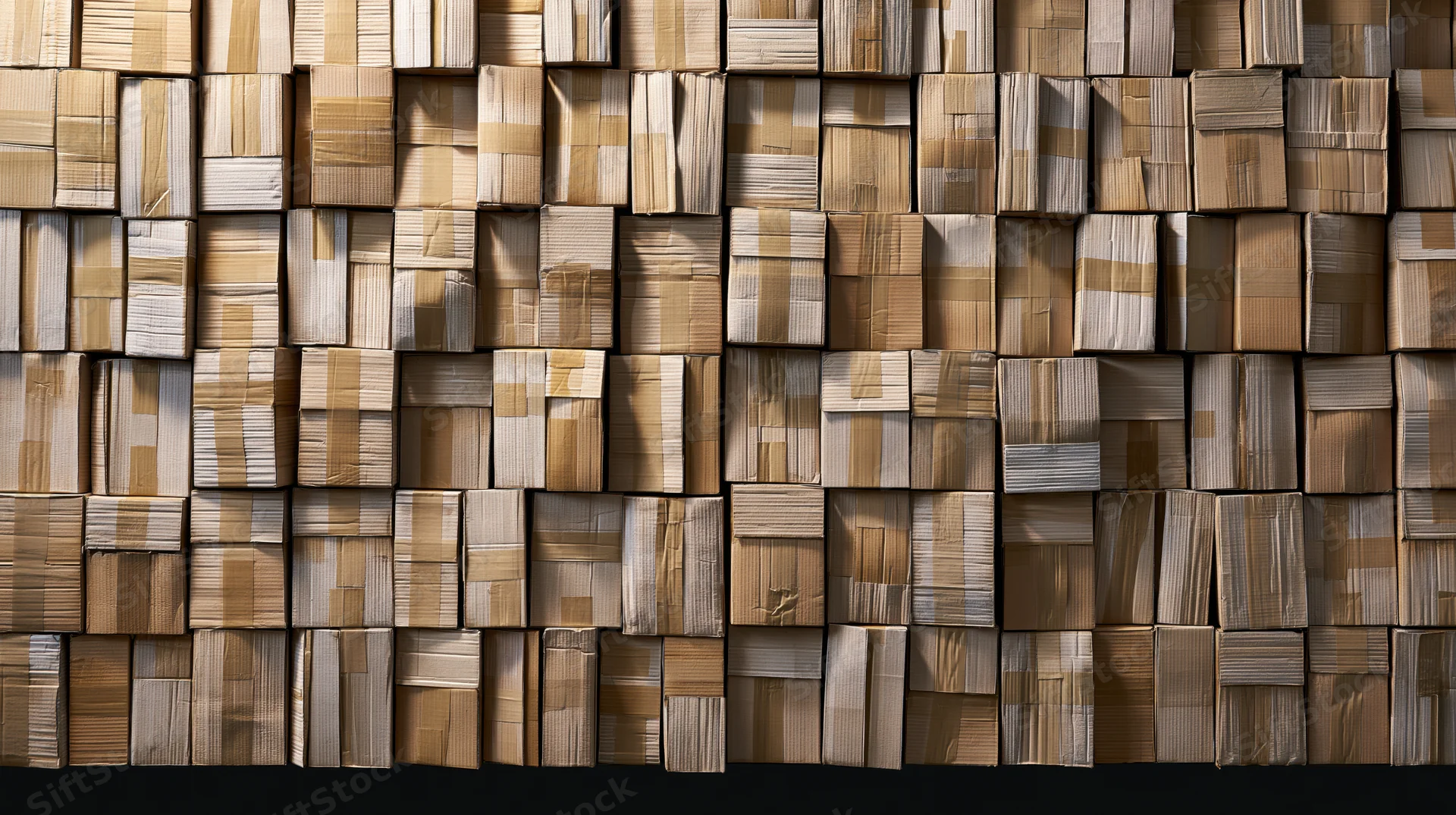 Tightly stacked cardboard shipping boxes filling the frame in a warehouse storage area