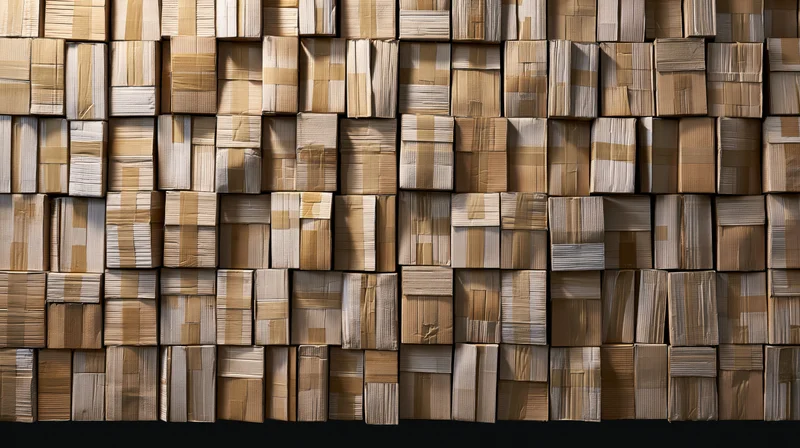 Tightly stacked cardboard shipping boxes filling the frame in a warehouse storage area